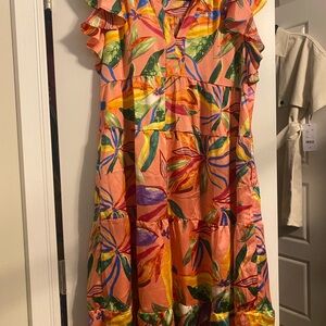 Umgee Tropical Floral Ruffle MIDI Dress Medium